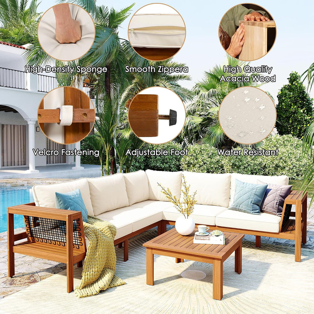 4 Piece Outdoor Patio Furniture Set, L-Shaped Patio Sofa Set with Coffee Table and Woven Mesh Armrests, All-Weather Conversation Seat with Cushions and Side Table (Beige+Brown)