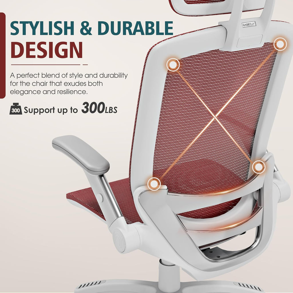 GABRYLLY Ergonomic Office Chair, High Back Home Desk Chair with Headrest, Flip-Up Arms, 90-120° Tilt Lock and Wide Cushion, 300LBS Mesh Chairs for Man Woman, White Task Chair(Red,GY01WR)