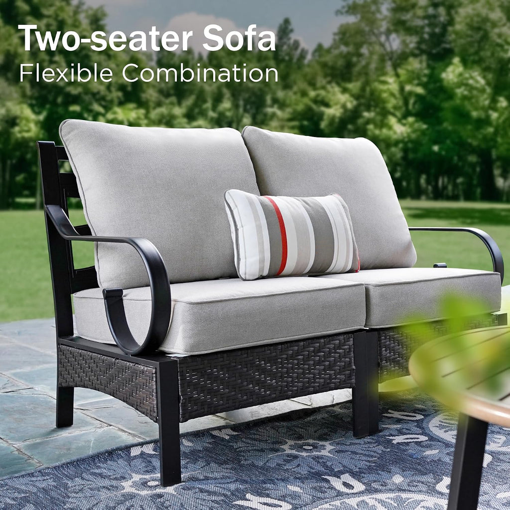 PHI VILLA Patio Sofa Outdoor Furniture, All-Weather Rattan & Metal 2 Seater Sofa with Cushions & Lumbar Pillows, Arm Lounge Loveseat for Patio, Balcony, Backyard, Deck, Poolside