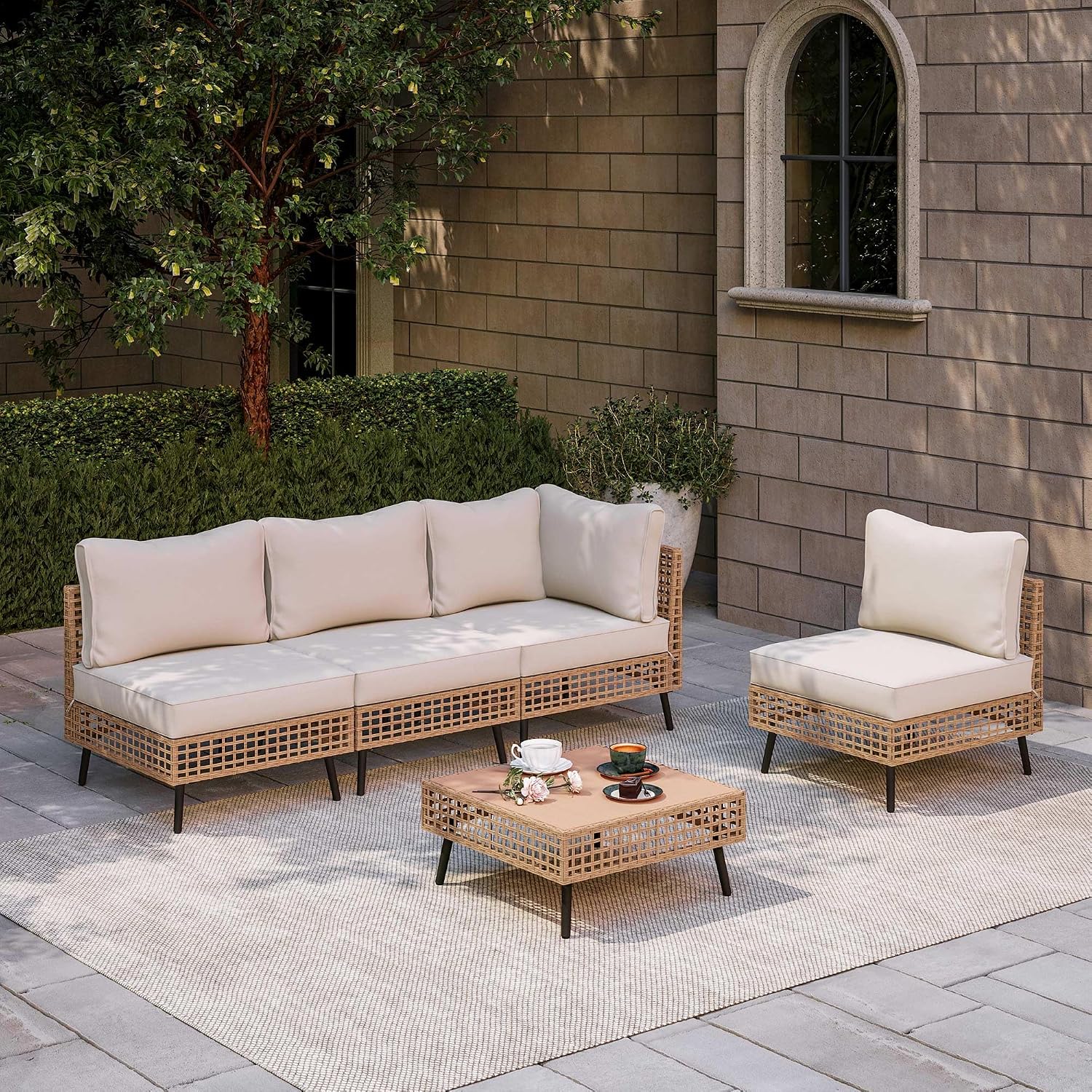 LAUSAINT HOME 5 Pieces Outdoor Sectional Sofa Set, All-Weather PE Wicker Rattan Patio Conversation Set with Thick Cushions & Coffee Table, Patio Furniture Set for Garden, Backyard, Porch (Beige)