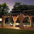 13'x15' Outdoor Wood Gazebo, Wooden Pavilion with Double Galvanized Steel Roof, Hardtop Gazebo with Natural Wood Frame, Curtains & Netting for Patio, Garden, Lawn, Deck, Backyard