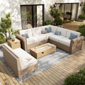 SUNSHINE VALLEY Patio Furniture Set, Wicker Outdoor Furniture Sectional Sofa with Fire Pit Table, 7 Seats Patio Conversation Set with 5.5' Thick Cushion for Garden Deck Backyard, Beige