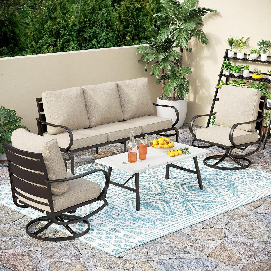 PHI VILLA 4 Piece Patio Furniture Set with 1 x 3 Seater Padded Deep Seating Bench, 2 x Swivel Cushioned Armrest Sofa Chairs and 1 x Coffee Table, Metal Outdoor Furniture Set for 5