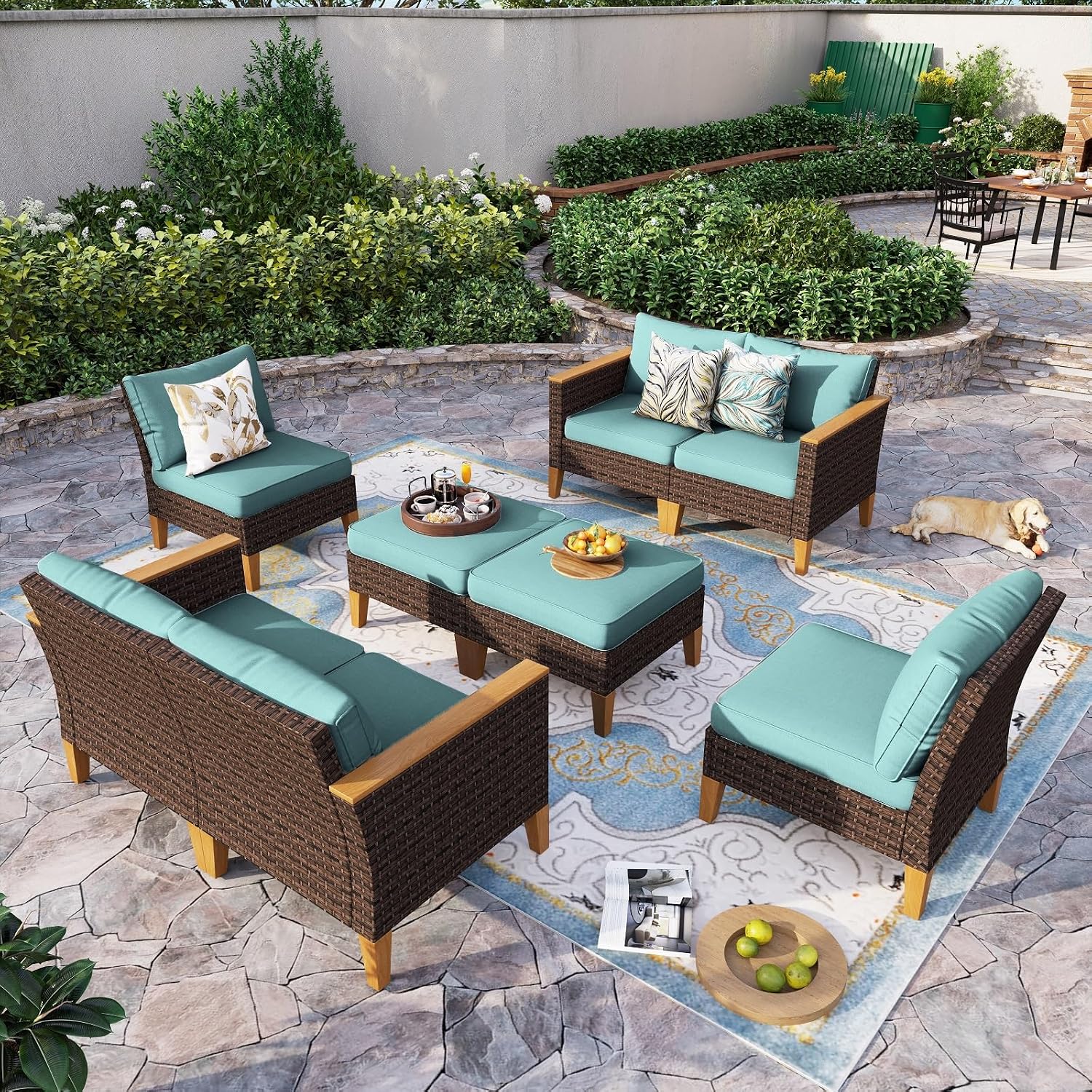 Sophia & William Oversized Patio Furniture Set, 8 Piece Outdoor Wicker Conversation Set Rattan Sectional Sofa, 4 Corner Sofa, 2 Armless Sofa, 2 Ottoman for Backyard, Deck, Pool(Aqua Blue)