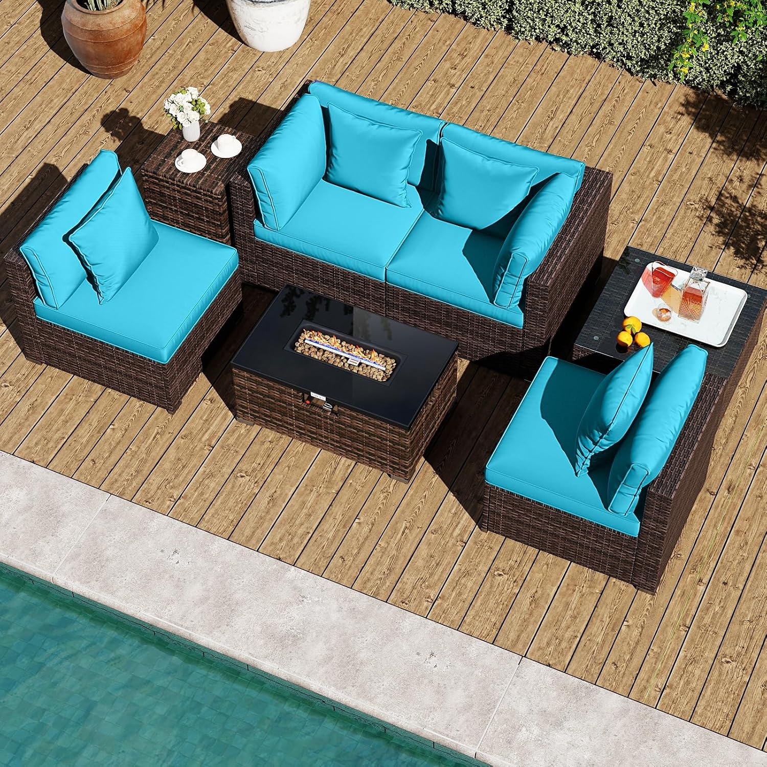 Tangkula 7 Pieces Wicker Patio Furniture Set with 40,000 BTU Gas Fire Pit Table & Propane Tank Cover Table & Glass Top Coffee Table, for Garden, Backyard and Poolside (Turquoise)