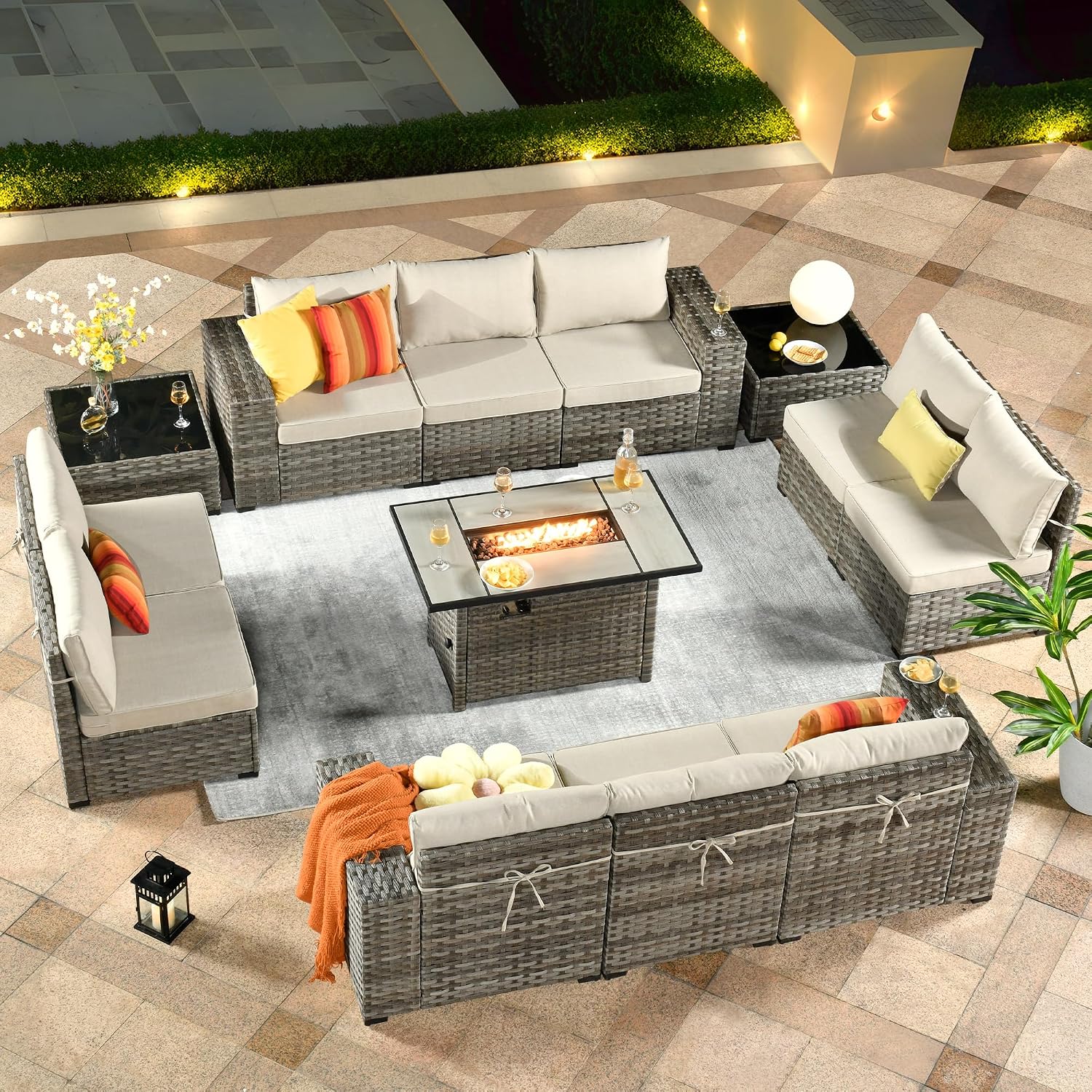 ovios 13 Pieces Patio Furniture Set, Outdoor Wicker Sectional Sofa with 42 Inch Fire Pit Table Comfy Cushions, Modern Modular Deep Seat Rattan Couch Conversation Set, Beige