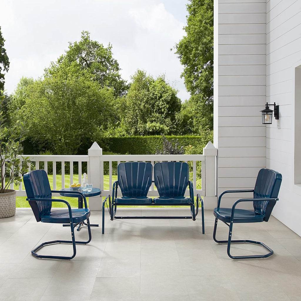 Crosley Furniture Ridgeland 4-Piece Retro Metal Outdoor Loveseat Glider Patio Furniture Set for Porch, Deck, Navy Gloss