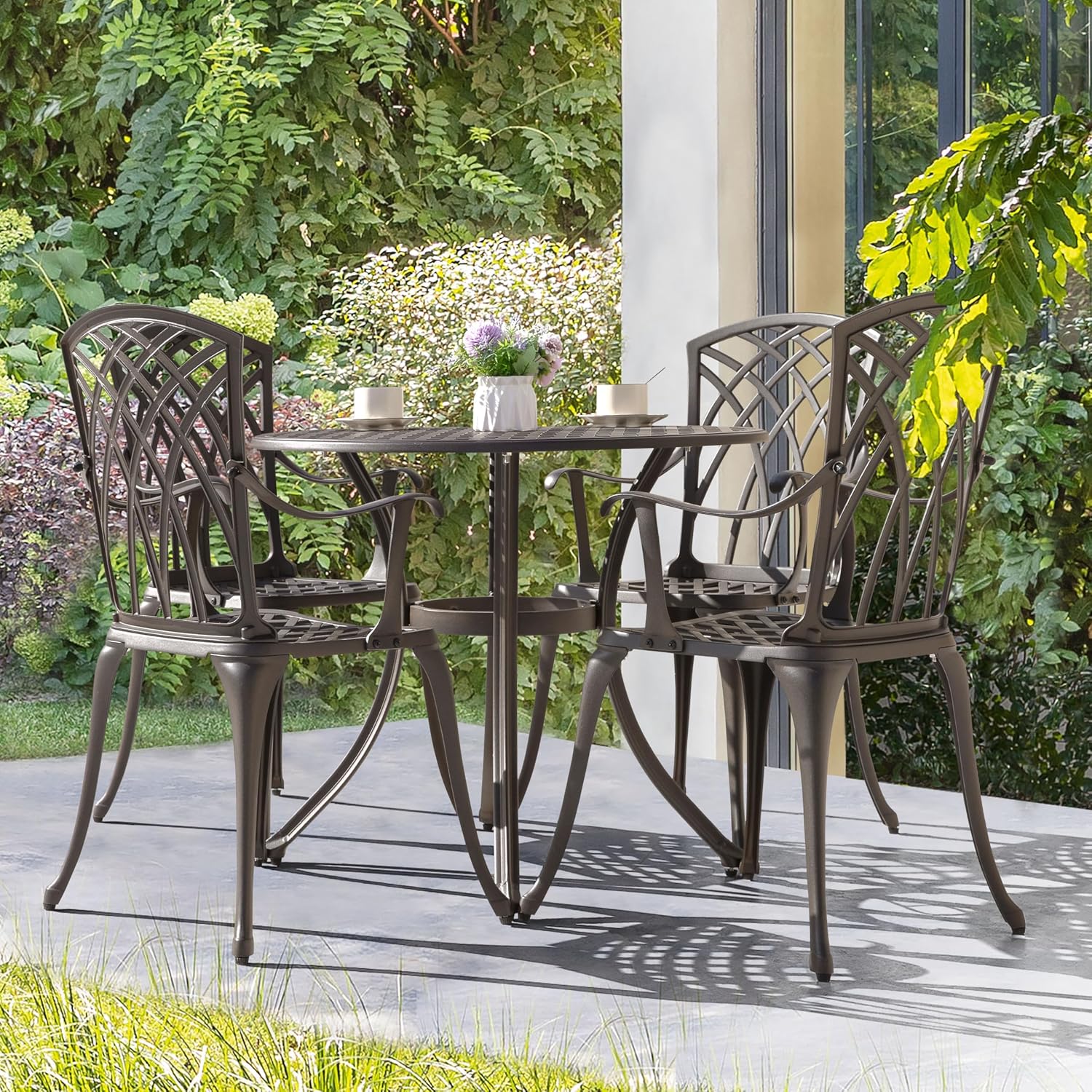 NUU GARDEN 5 Piece Patio Dining Set, 33' Round Cast Aluminum Dining Table with 1.97' Umbrella Hole and 4 Patio Dining Chairs for Backyard, Patio, Garden, Balcony, Brown with Gold Point