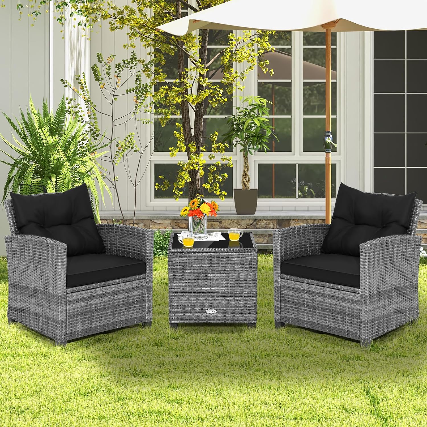 COSTWAY 3PCS Patio Furniture Set, PE Rattan Wicker Sofa w/Washable Cushion and Coffee Table, Tempered Glass Tabletop, Outdoor Conversation Set for Balcony, Porch, Yard, Backyard, Lawn, Black