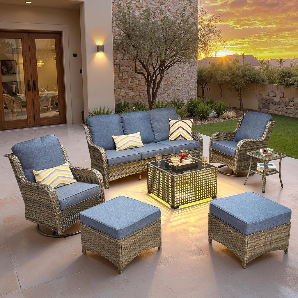 ovios 7-Piece Patio Furniture Set with Swivel Chairs Side Table, Outdoor Wicker Sofa with Comfy Cushions, High Back Couch Modern Conversation Sets, Grey/Denim Blue