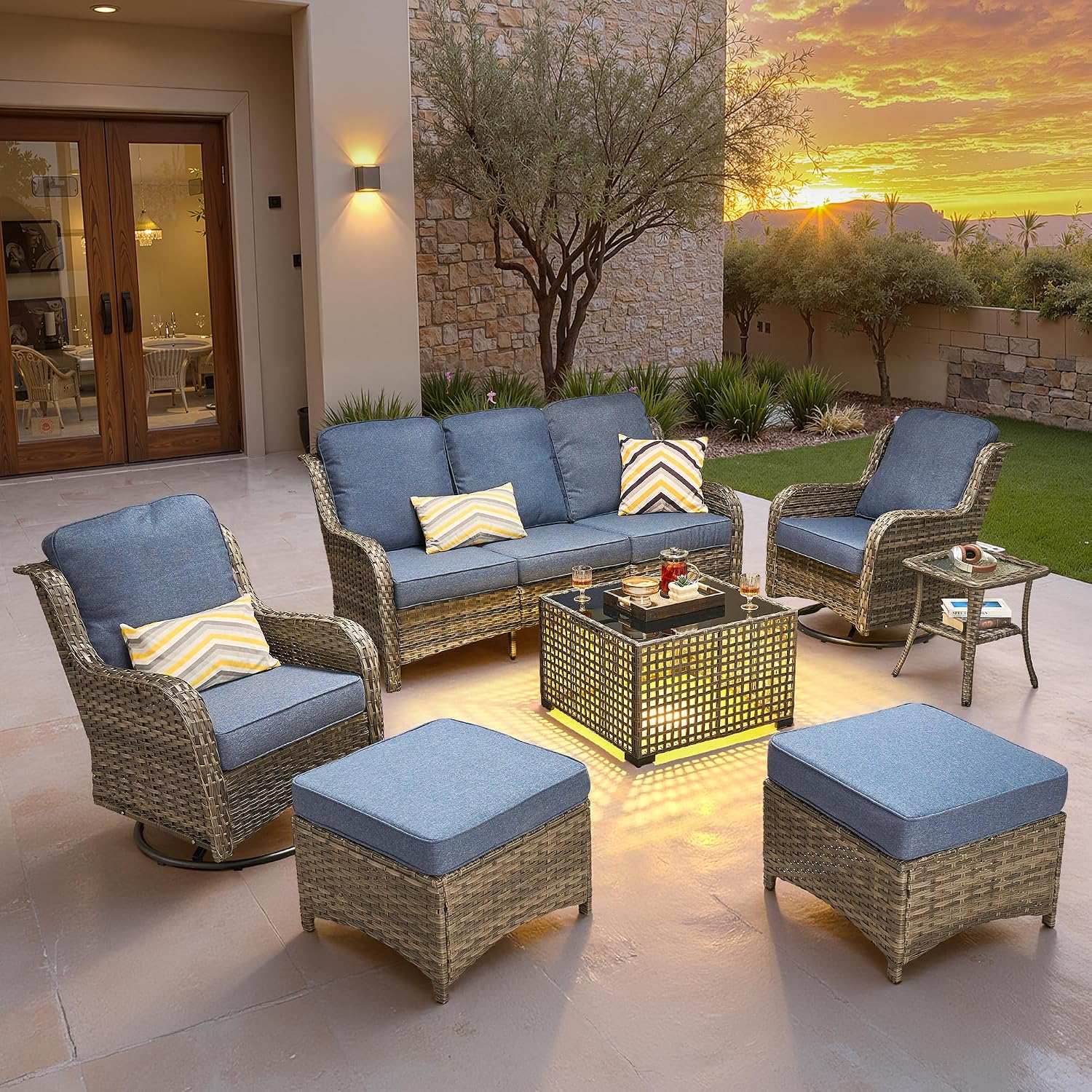 ovios 7-Piece Patio Furniture Set with Swivel Chairs Side Table, Outdoor Wicker Sofa with Comfy Cushions, High Back Couch Modern Conversation Sets, Grey/Denim Blue