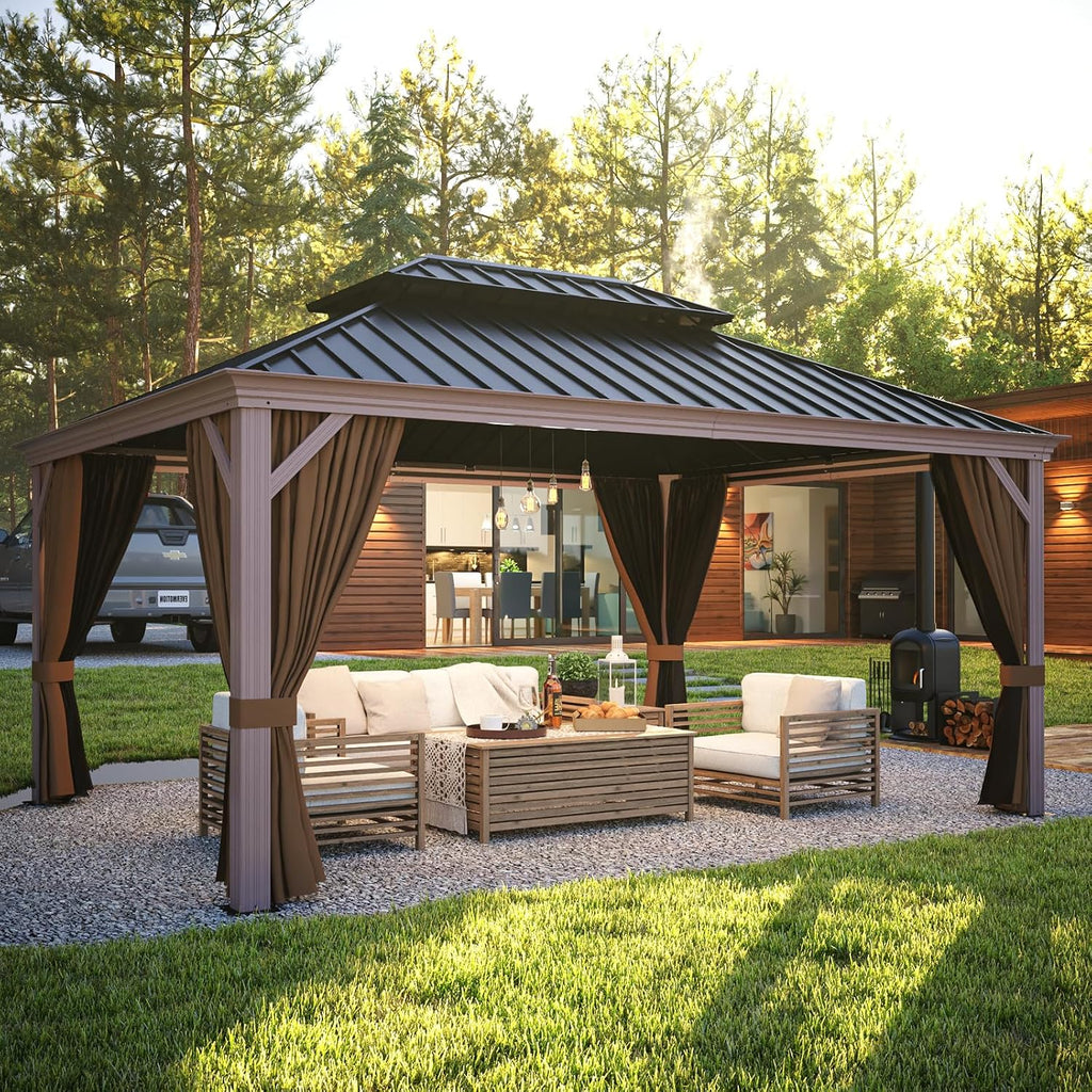 EAGLE PEAK 12x16 Hardtop Gazebo, Galvanized Steel Double Roof with Aluminum Frame, Outdoor Pavilion with Netting and Curtains for Patio, Deck, Lawn and Garden, Brown/Black