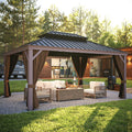 EAGLE PEAK 12x16 Hardtop Gazebo, Galvanized Steel Double Roof with Aluminum Frame, Outdoor Pavilion with Netting and Curtains for Patio, Deck, Lawn and Garden, Brown/Black