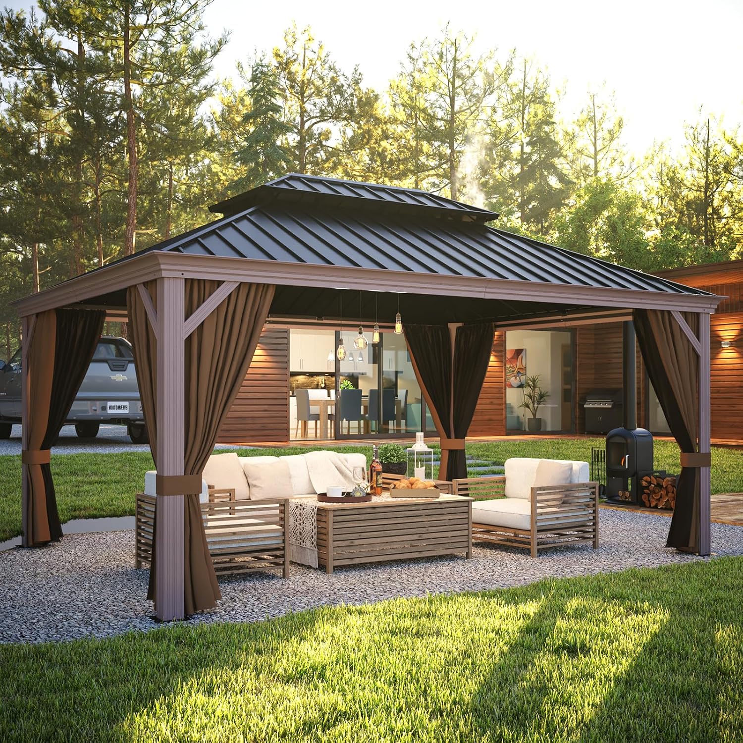 EAGLE PEAK 12x16 Hardtop Gazebo, Galvanized Steel Double Roof with Aluminum Frame, Outdoor Pavilion with Netting and Curtains for Patio, Deck, Lawn and Garden, Brown/Black