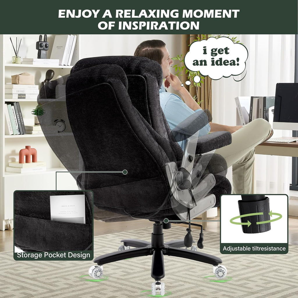 650lbs Big and Tall Office Chair with Thick Spring Cushion,5D Flip Arm Ergonomic Executive Office Chair Adjustable Lumbar Airbag&Extra Wide,Comfy Large Padded Heavy Duty Game Chair,Blackcloth