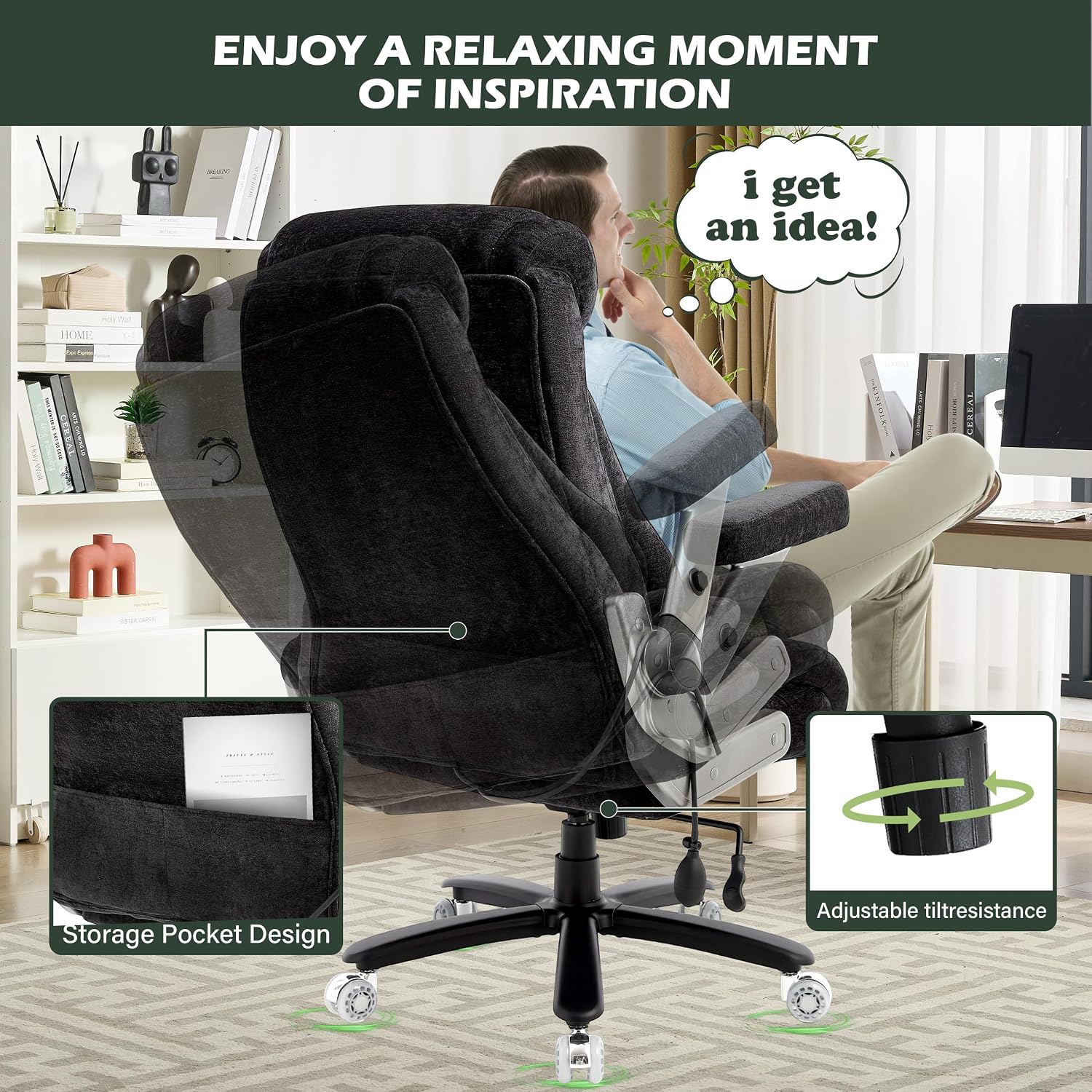 650lbs Big and Tall Office Chair with Thick Spring Cushion,5D Flip Arm Ergonomic Executive Office Chair Adjustable Lumbar Airbag&Extra Wide,Comfy Large Padded Heavy Duty Game Chair,Blackcloth