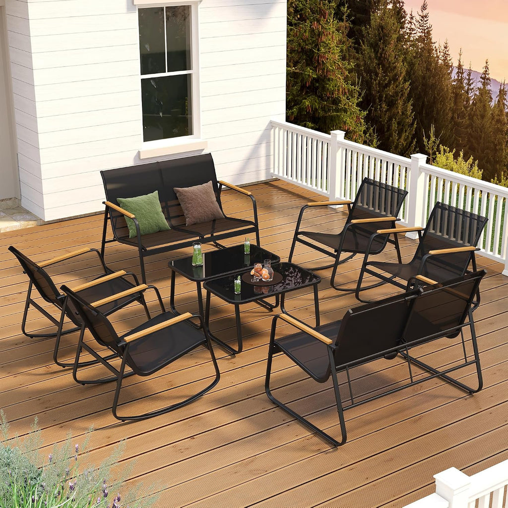 Ahomly 8-Piece Outdoor Patio Furniture Set, Textilene Conversation Set with Rocking Chairs, Loveseat, and Tempered Glass Coffee Table, for Lawn, Garden, Balcony, Poolside (Black)