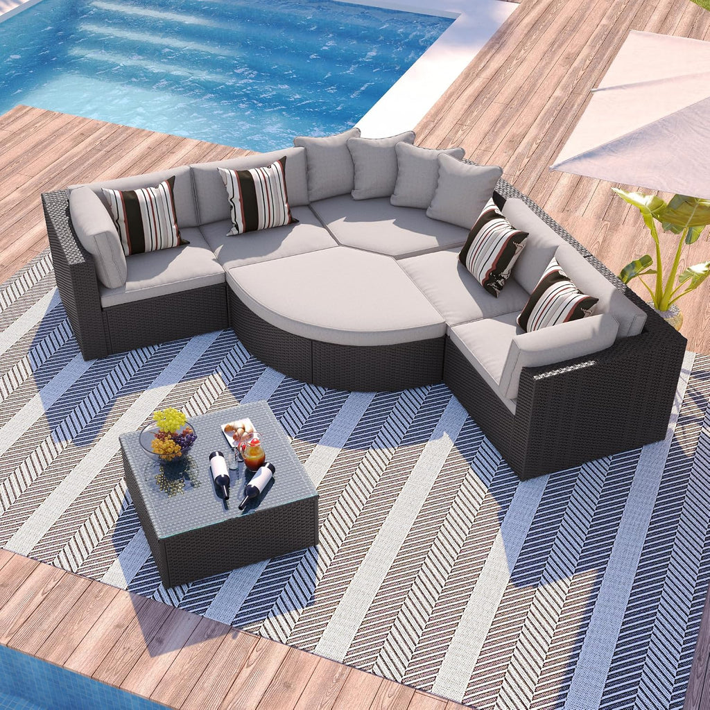 Merax 7-Piece Outdoor Wicker Sectional Sofa Set,Modular Rattan Conversation Set with Gray Cushions,Striped Green Pillows & Tempered Glass Coffee Table for Patio,Garden,Deck,Brown