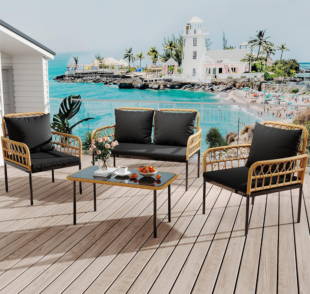 GarveeLife 4 Pieces Patio Furniture Sets Wicker Outdoor Patio Table and Chairs Set with Glass Side Table, Loveseat Chairs, Boho Rattan 4 Seater Conversation Sets for Backyard, Porch, Bistro, Black