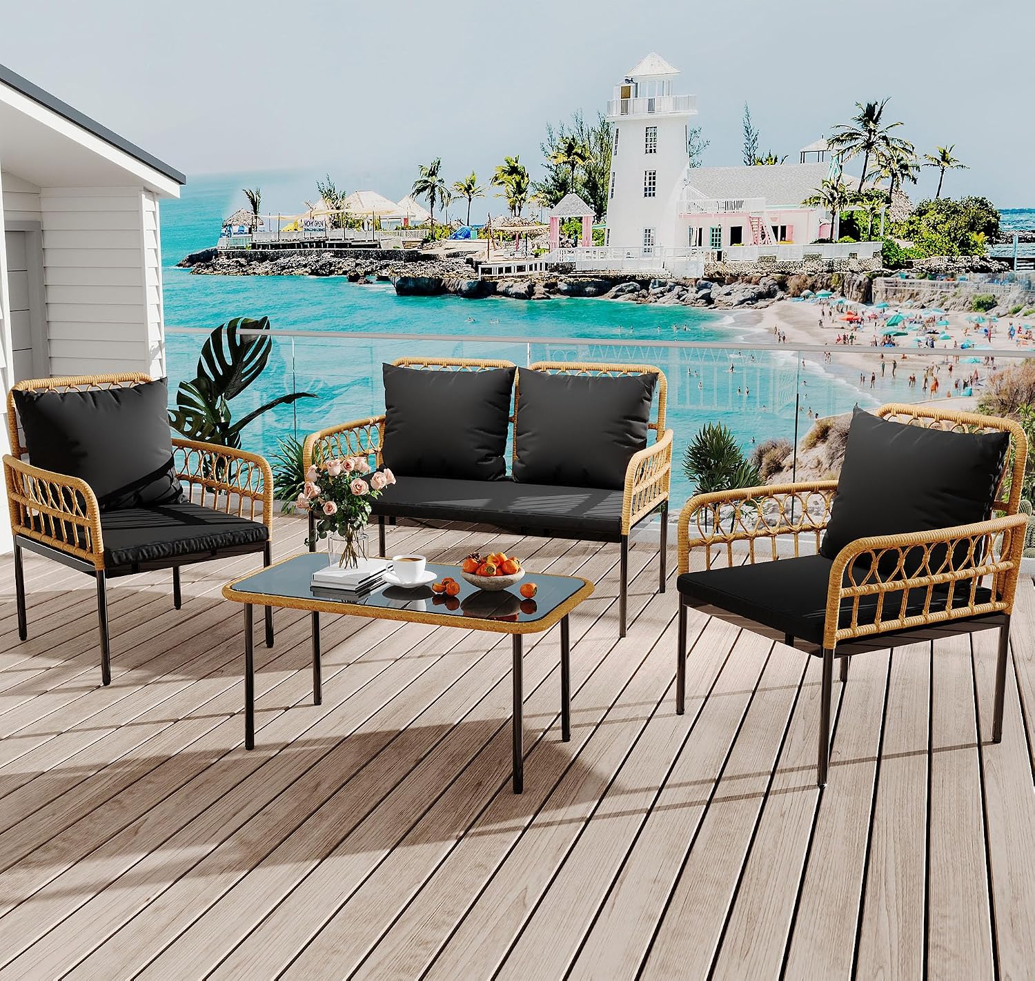 GarveeLife 4 Pieces Patio Furniture Sets Wicker Outdoor Patio Table and Chairs Set with Glass Side Table, Loveseat Chairs, Boho Rattan 4 Seater Conversation Sets for Backyard, Porch, Bistro, Black