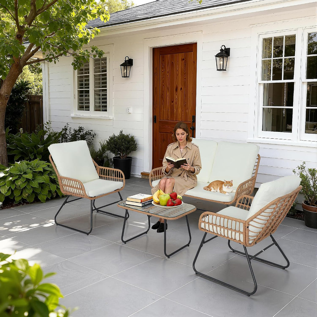 EortheX 4 Pieces Outdoor Patio Furniture Set,Patio Conversation Set,Rattan Wicker Bistro Sets with Loveseat Chairs and Modern Coffee Table for Backyard Deck Balcony and Garden Lounge Spaces - Beige