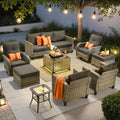 ovios 9 Pieces Patio Furniture Set, Outdoor Wicker Sofa Couch with Rocking Swivel Chairs Solar Lights Table, Modern Deep Seat Rattan Conversation Sets for Deck Porch, Black