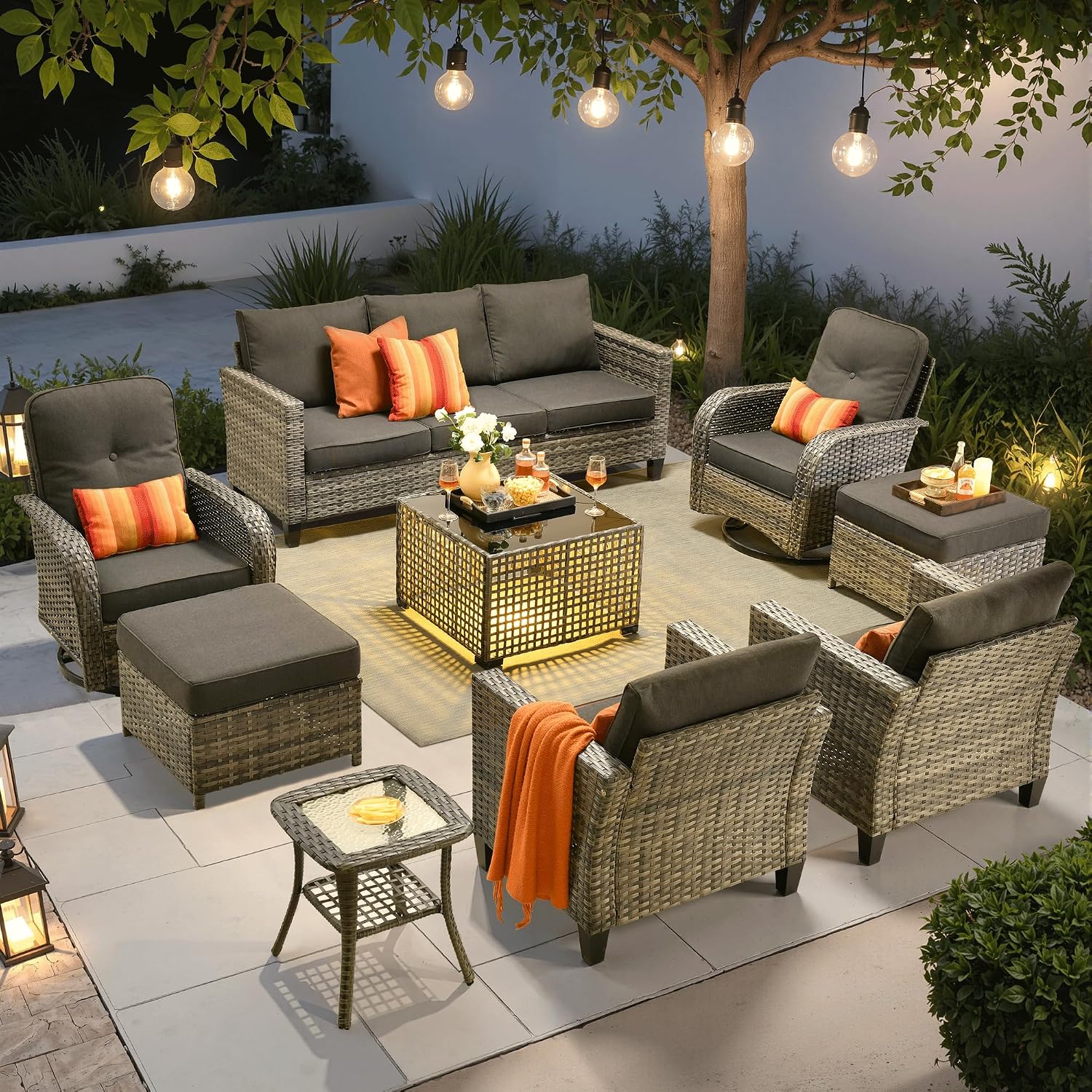 ovios 9 Pieces Patio Furniture Set, Outdoor Wicker Sofa Couch with Rocking Swivel Chairs Solar Lights Table, Modern Deep Seat Rattan Conversation Sets for Deck Porch, Black