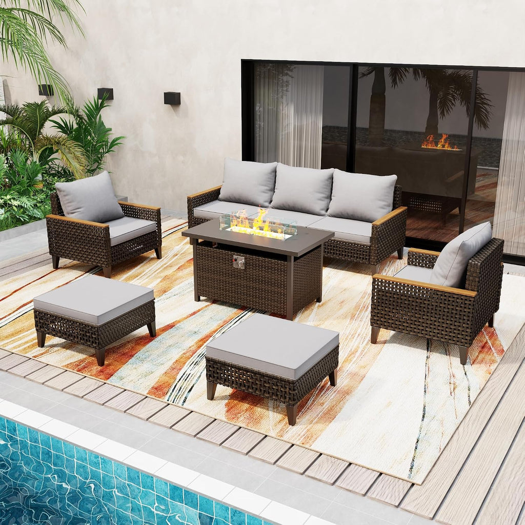 8Piece Patio Furniture Set with 50000 BTU Propane Fire Pit Table, All-Weather Wicker Rattan Outdoor Sectional Sofa Set with High Back and Thick Cushions for Garden, Porch, Poolside, Grey