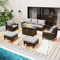 8Piece Patio Furniture Set with 50000 BTU Propane Fire Pit Table, All-Weather Wicker Rattan Outdoor Sectional Sofa Set with High Back and Thick Cushions for Garden, Porch, Poolside, Grey
