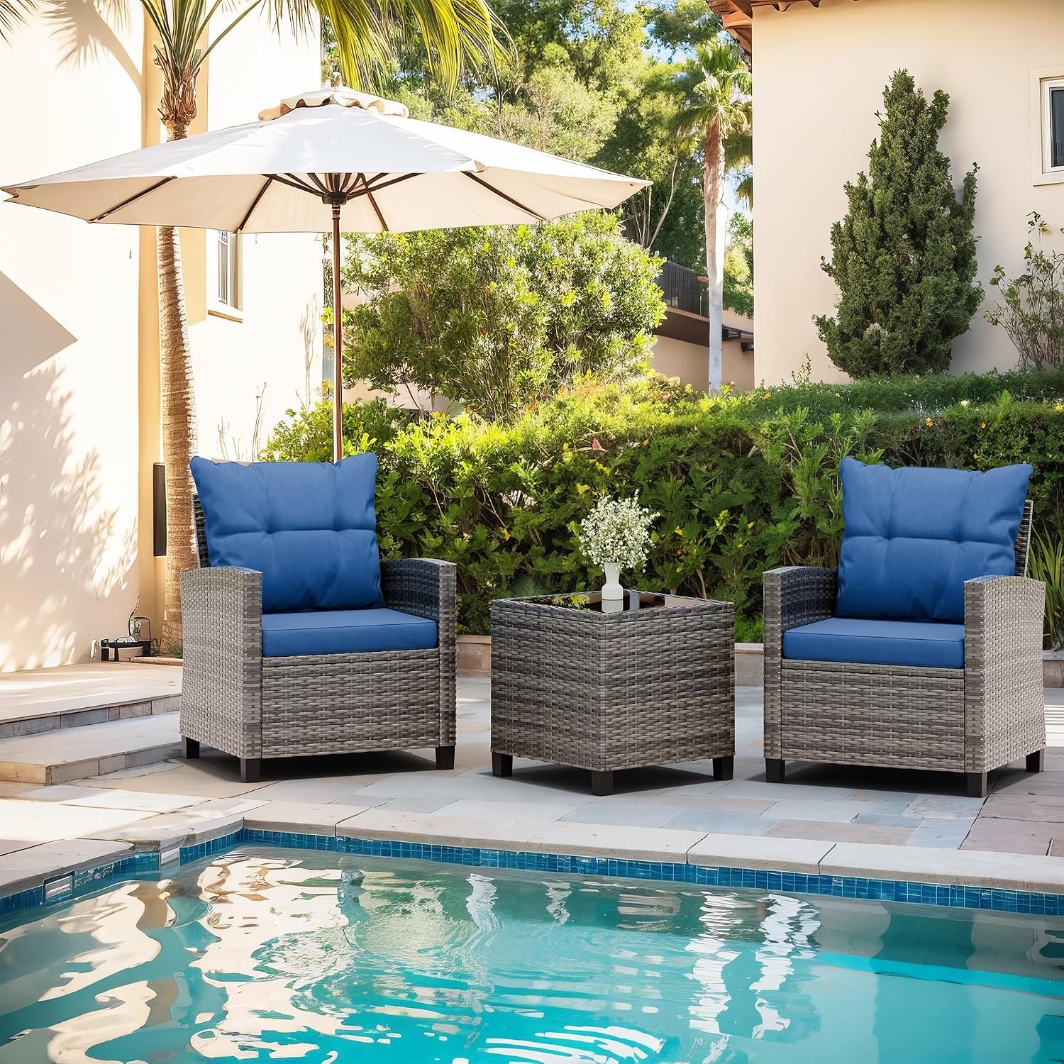Vongrasig 3 Pieces Patio Furniture Set Small Outdoor Wicker Rattan Front Porch Bistro Set Cushioned Patio Chairs Conversation Set with Glass Table for Lawn, Garden, Backyard, Balcony, Blue
