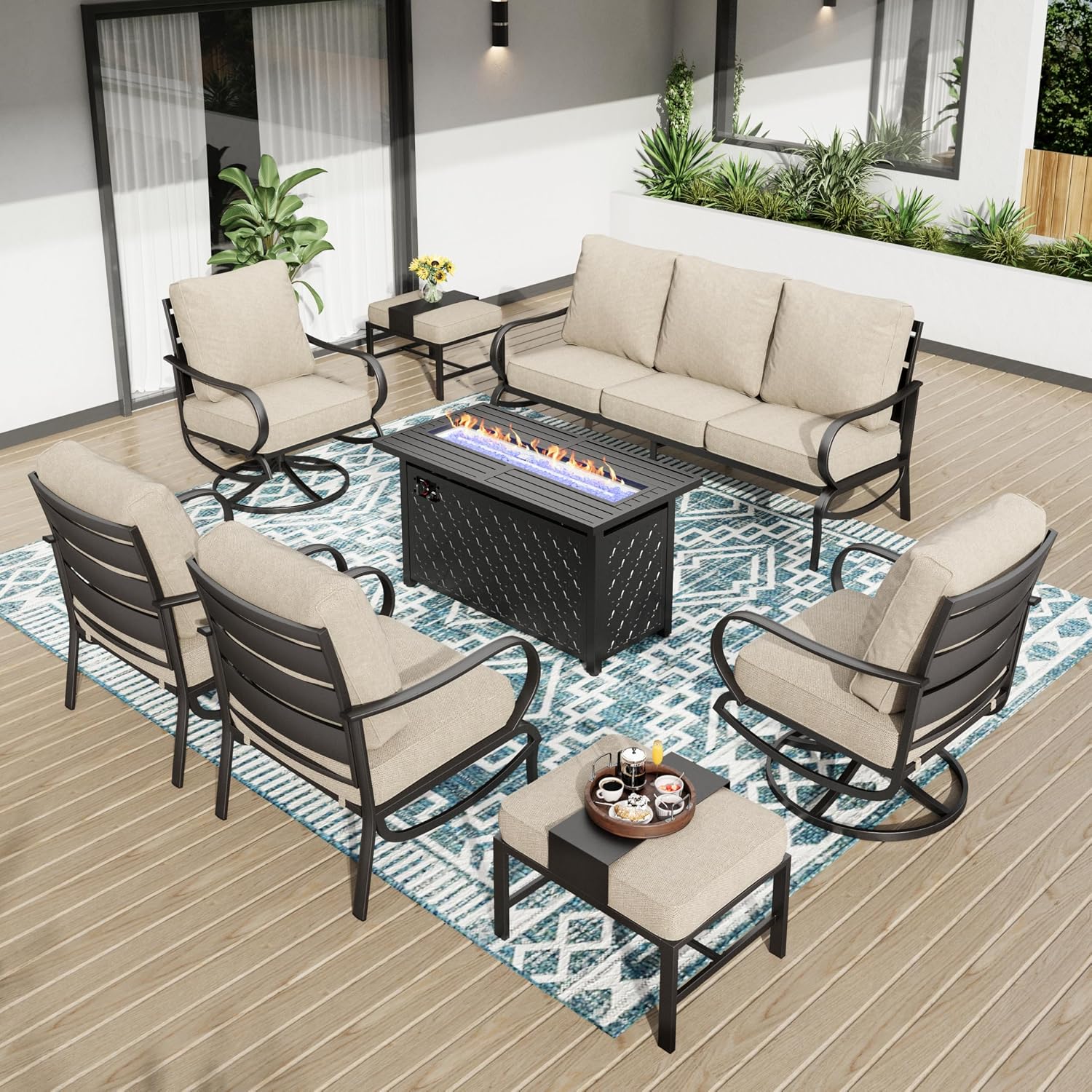 PHI VILLA 8 PCS Patio Furniture Set with Fire Pit Table,Metal Outdoor Furniture with 3-Seat Bench Sofa, Swivel Sofa Chairs, Leg Chair & Ottoman, Modern Patio Set, Beige