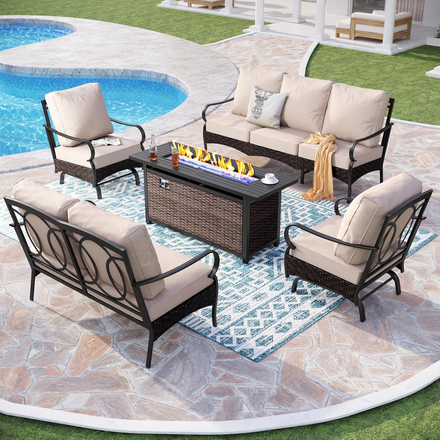 Patio Furniture Set with 56' Fire Pit Table, Premium Outdoor Wicker Metal Frame Furniture with Upgraded Waterproof Thick Cushions for Porch, Poolside, Deck, and Yard