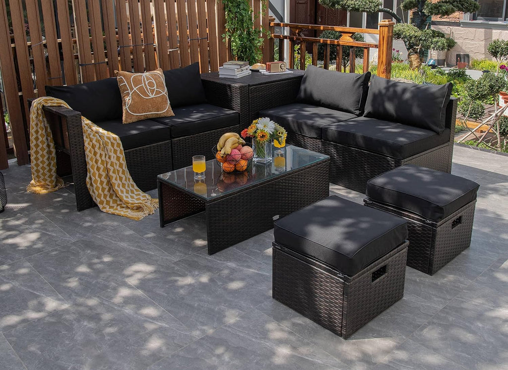 Tangkula 8 Piece Patio Furniture Set, Patiojoy Outdoor Space Saving PE Rattan Sectional Sofa Set for 6 with Waterproof Cover, for Garden, Deck, Poolside and Balcony (Black)
