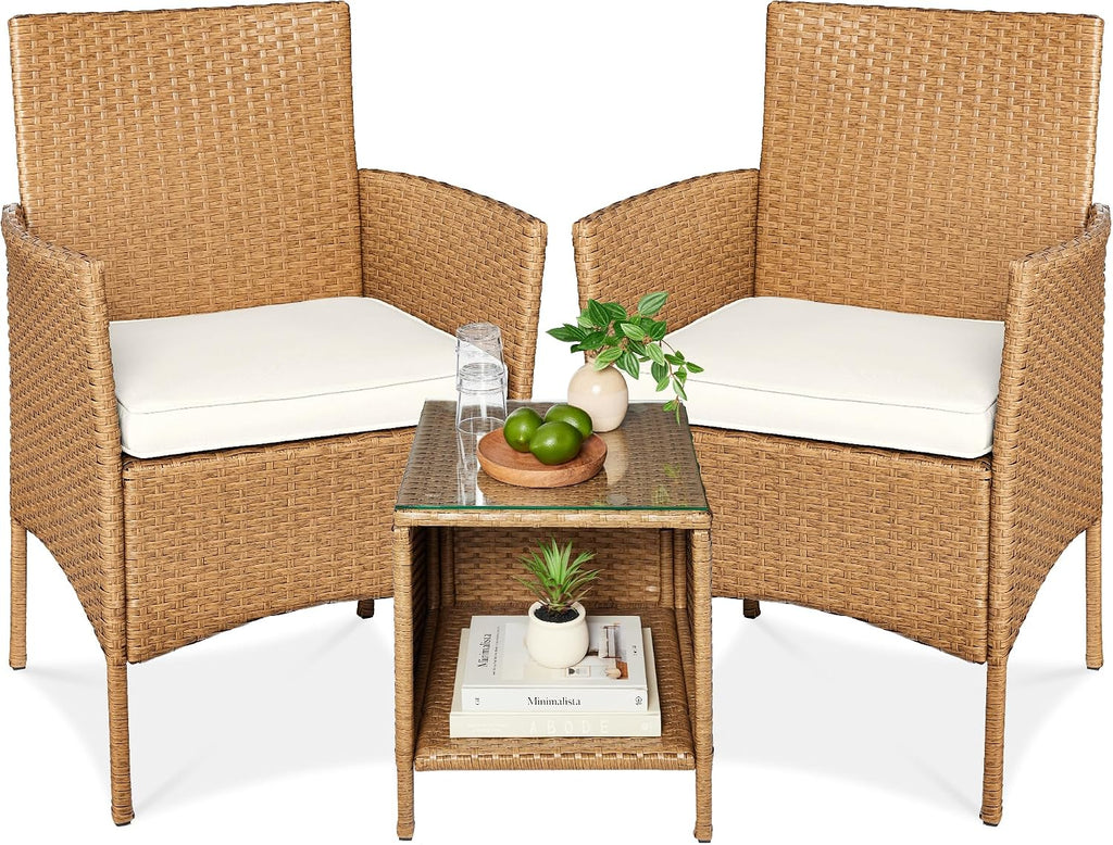 Best Choice Products 3-Piece Outdoor Wicker Conversation Bistro Set, Space Saving Patio Furniture for Garden w/Side Table - Natural/Ivory