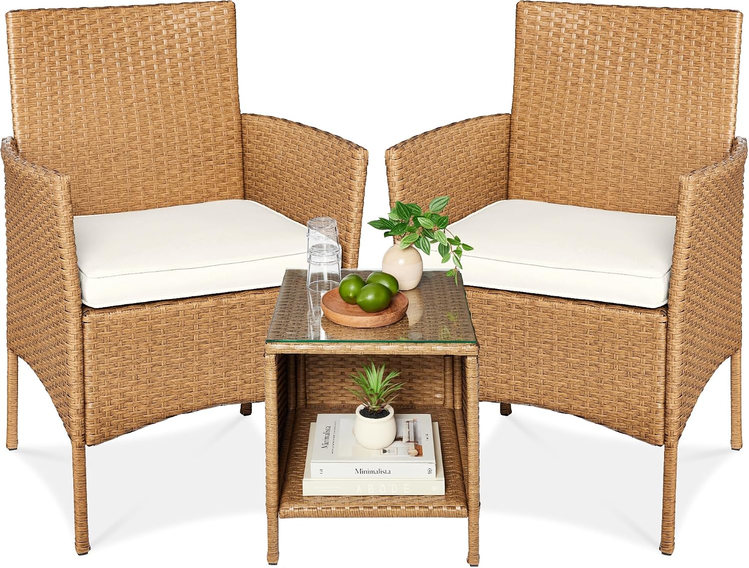 Best Choice Products 3-Piece Outdoor Wicker Conversation Bistro Set, Space Saving Patio Furniture for Garden w/Side Table - Natural/Ivory