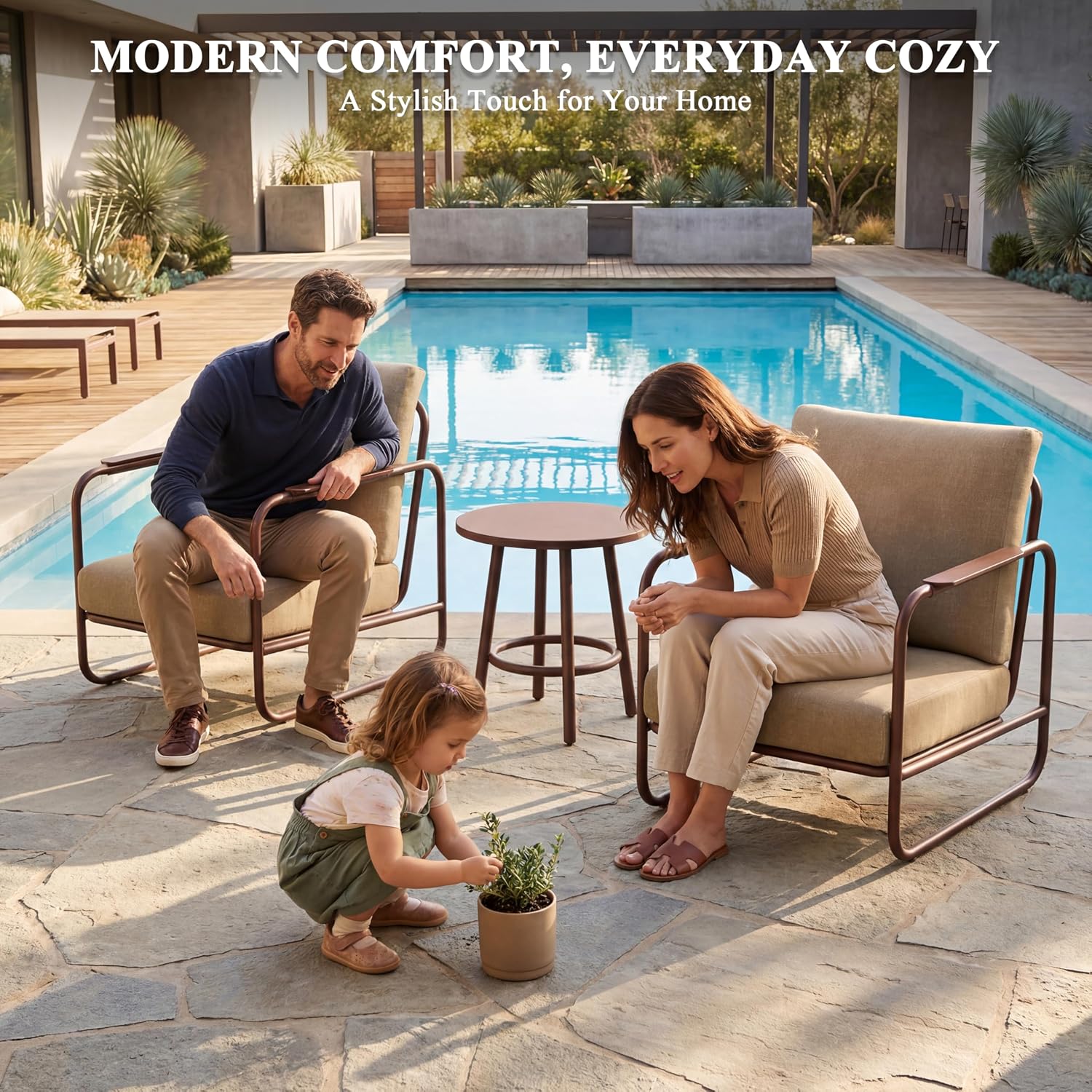3 Piece Outdoor Chair Set with Side Table, 2 Patio Accent Chairs & Coffee Table, Sturdy Aluminum Frame, 6' Thick Cushions, 24' Wide Seat, All-Weather for Porch Deck Backyard, Brown