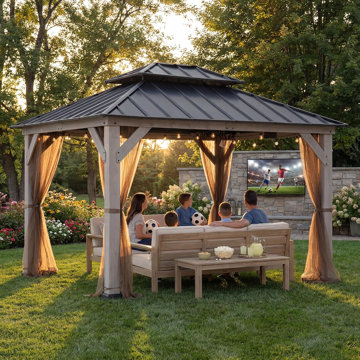SUNJOY 10x12 Hardtop Wood Gazebo with Galvanized Steel Roof, LED String Lights & Mosquito Netting, Outdoor Permanent Pavilion Cedar Gazebo for Backyard, Garden, Patio, Deck, Lawn - Matte Black Roof