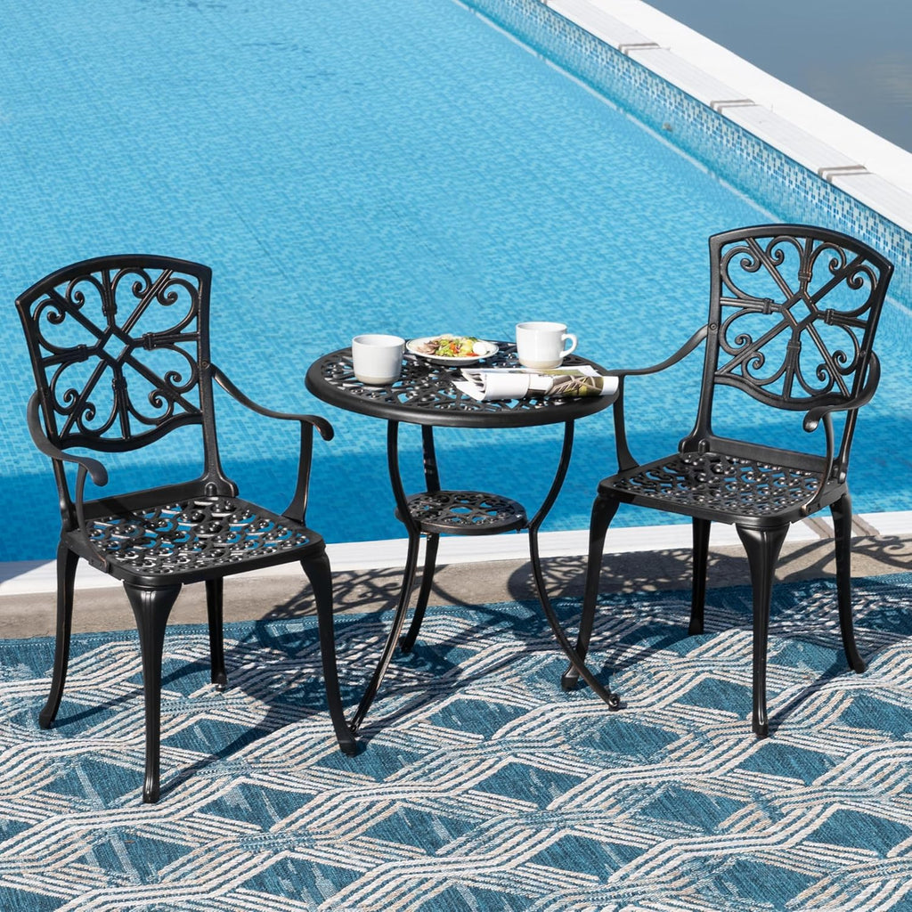 NUU GARDEN 3 Piece Outdoor Bistro Set Cast Aluminum Bistro Table Set Patio Table and Chairs with Umbrella Hole for Backyard, Balcony, Front Porch, Black