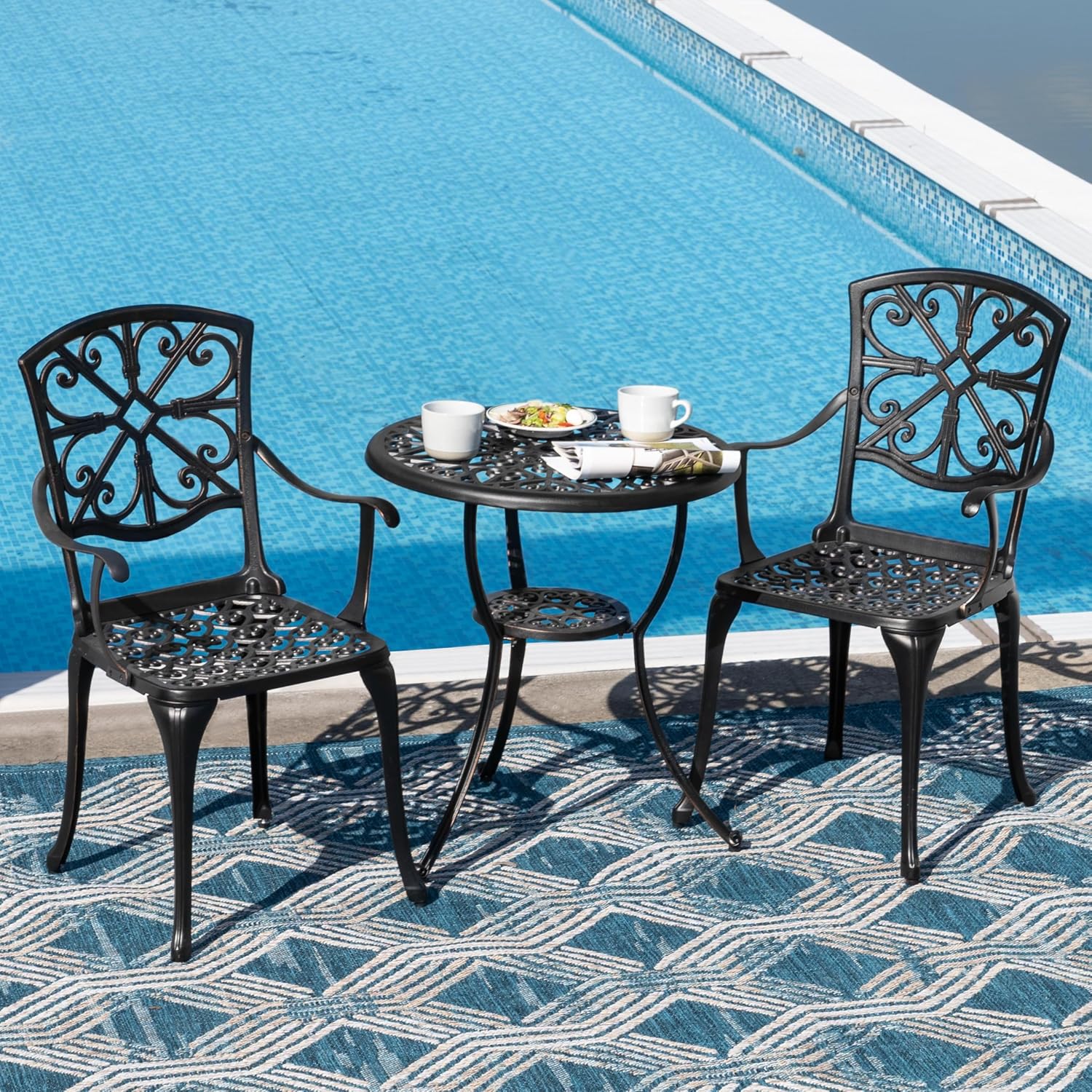 NUU GARDEN 3 Piece Outdoor Bistro Set Cast Aluminum Patio Set Bistro Table Set Rustproof Patio Table and Chairs with Umbrella Hole for Backyard, Balcony, Front Porch, Black