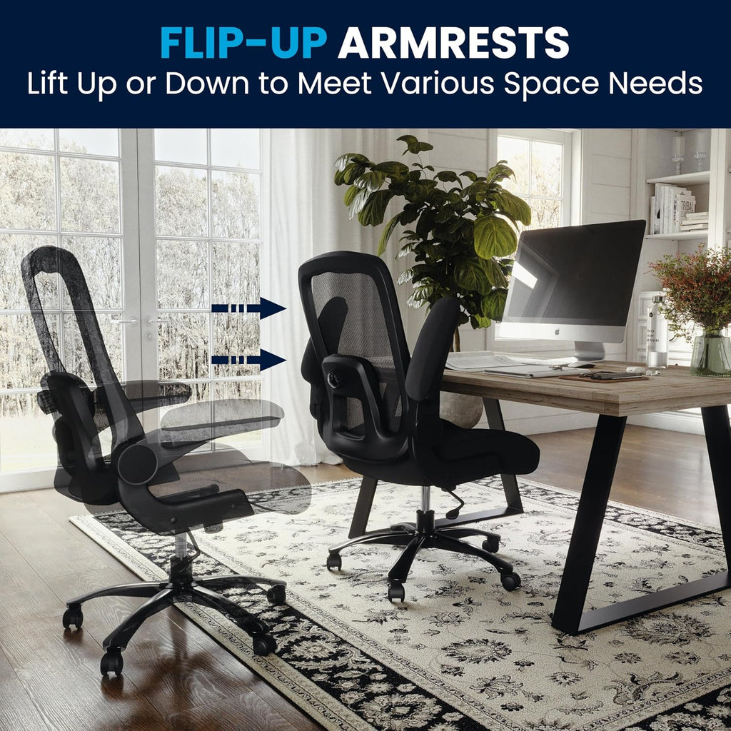 Flash Furniture Big & Tall Swivel Office and Gaming Chair with Lumbar and Back Support, Ergonomic Mesh Office Chair with Flip-Up Armrests and Adjustable Height, Black