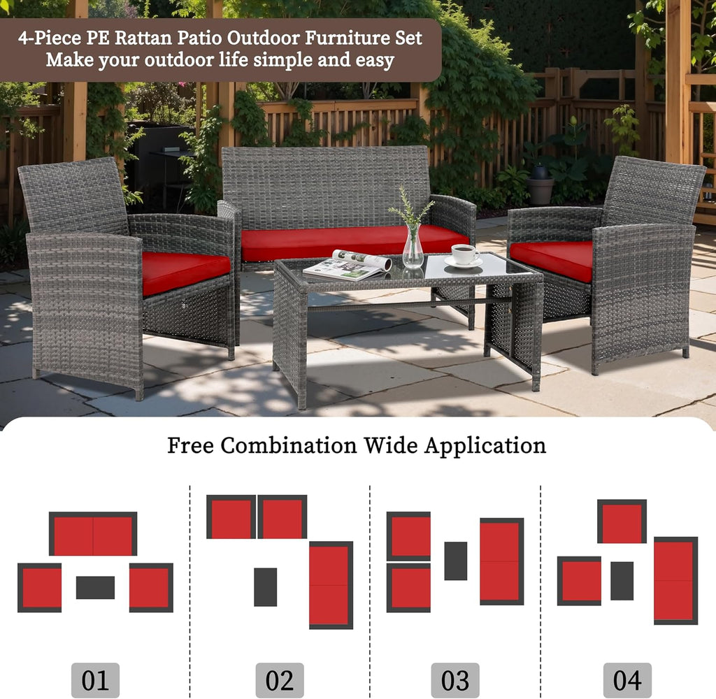 4 Piece Patio Ratten Set Outdoor Furniture Set Wicker Conversation Set with Cushions and Tempered Glass Tabletop,Red
