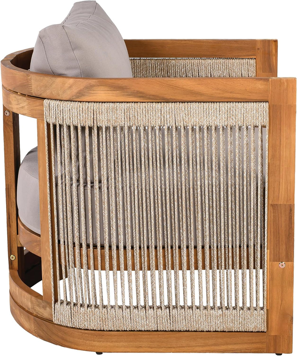 Merax 4-Piece Patio Premium Acacia Wood Outdoor Furniture Set,All Weather Curved Tub Design with Woven Rope Accents Loveseat Chairs and Table for Backyard, Balcony and Deck,Teak+Grey