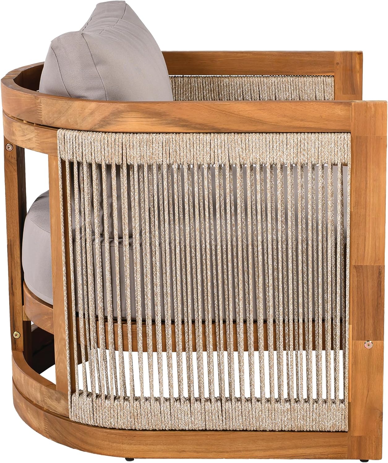 Merax 4-Piece Patio Premium Acacia Wood Outdoor Furniture Set,All Weather Curved Tub Design with Woven Rope Accents Loveseat Chairs and Table for Backyard, Balcony and Deck,Teak+Grey