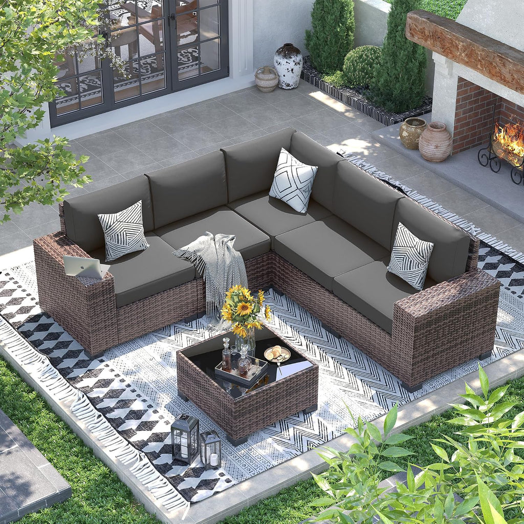 UDPATIO Patio Furniture Set, 8 Inch Armrest Outdoor Sectional Sofa with Wicker Coffee Table, 6 Piece Conversation for Garden, Backyard, Dark Grey