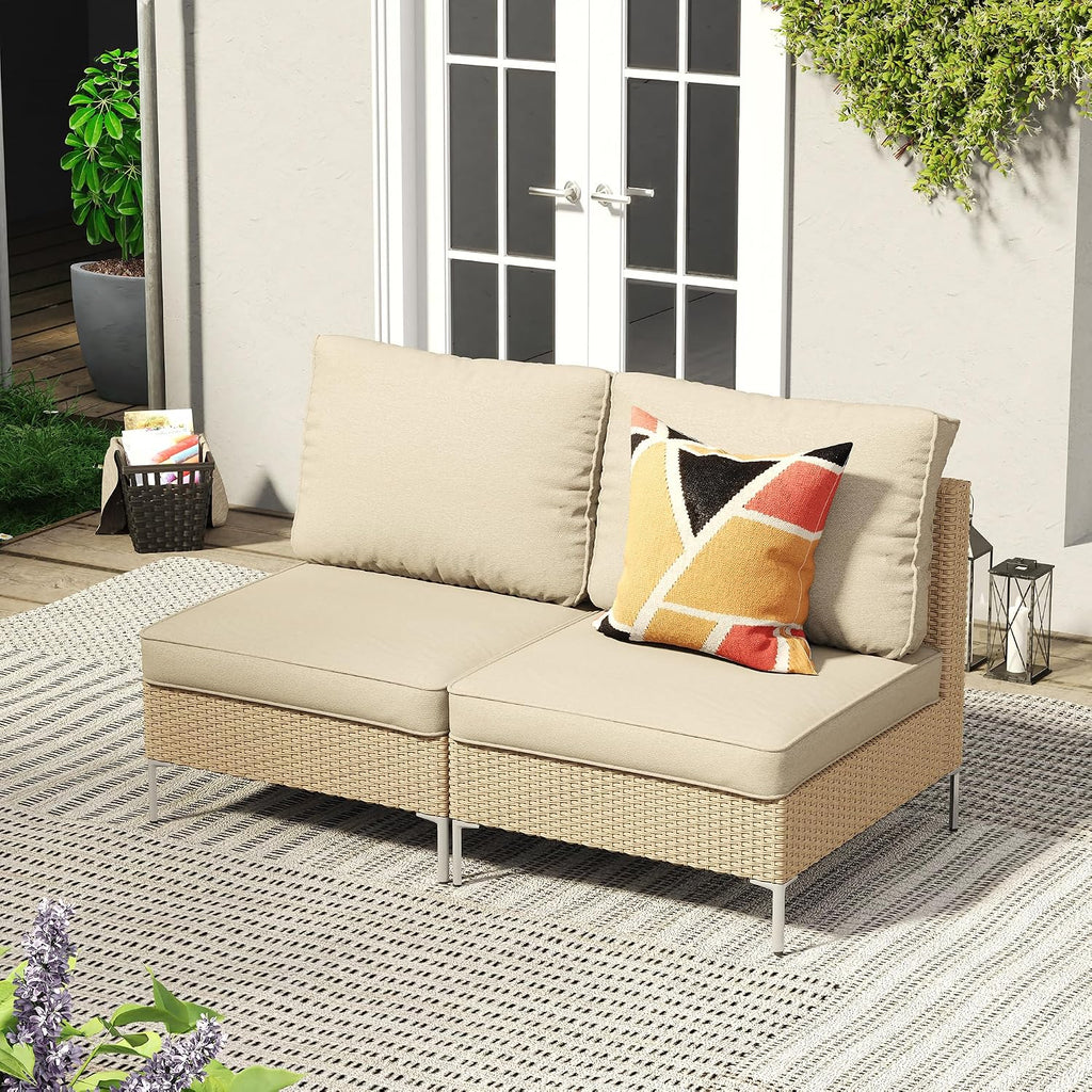 VICLLAX 2 Pieces Wicker Patio Furniture Set, Outdoor Conversation Set of 2 Armless Wicker Sofas with Cushions for Deck, Backyard, Garden, Oak Rattan