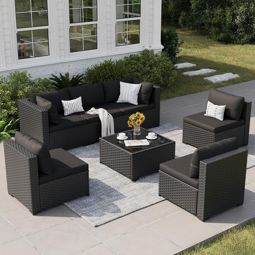 Patio Furniture Set, 7-Piece Outdoor Sectional All-Weather Wicker Patio Conversation Set for Backyard, Poolside, Garden, Black
