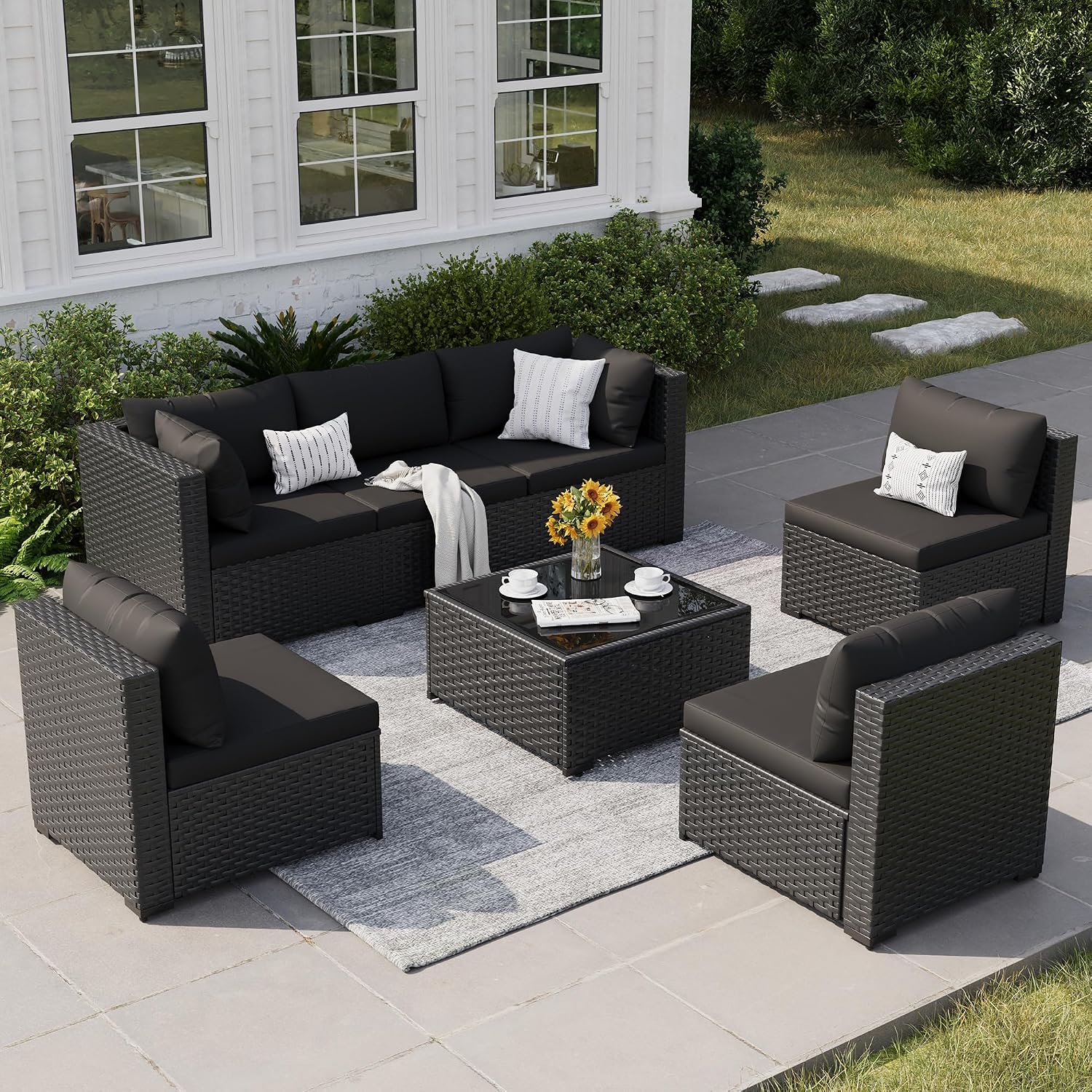 Patio Furniture Set, 7-Piece Outdoor Sectional All-Weather Wicker Patio Conversation Set for Backyard, Poolside, Garden, Black