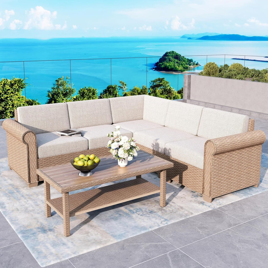 Patio Furniture Set 6 Piece, Wicker Rattan Sectional Sofa Couch with 5.5' Thick Waterproof Cushion and Coffee Table, L Shape All Weather Outdoor Conversation Set for Lawn Backyard Deck, Beige