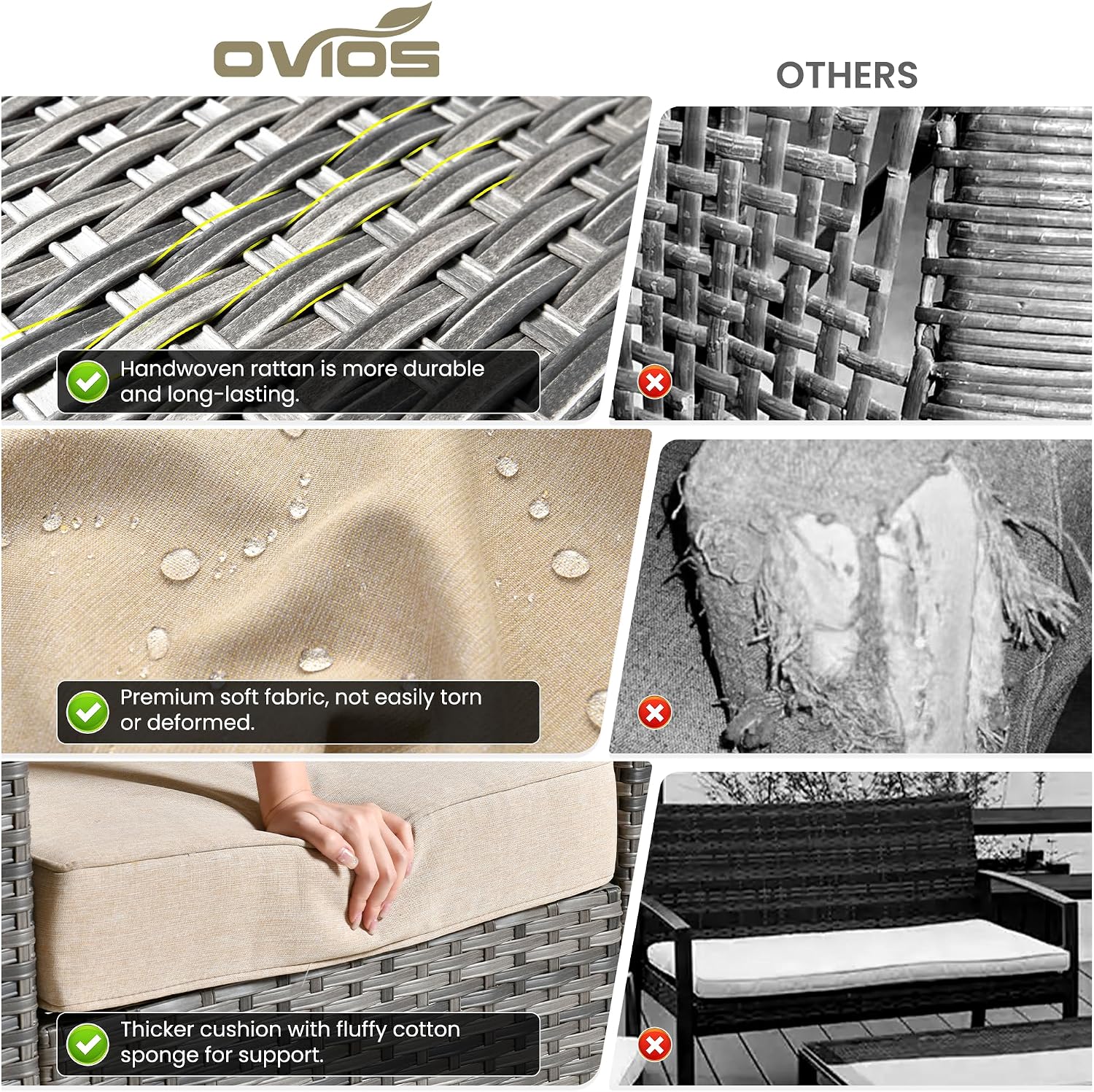 ovios 7 Pieces Patio Furniture Set with Square Fire Pit Table, Swivel Rocking Chairs, Outdoor High Back Wicker Rattan Conversation Set for Deck Porch, Beige