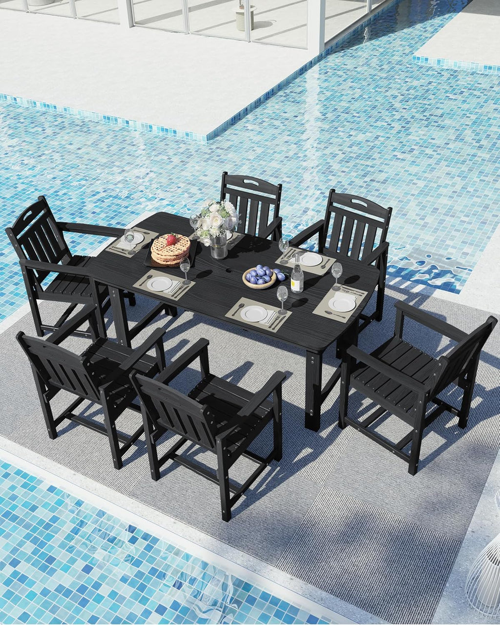 Ciokea HDPE Outdoor Dining Set, 7-Piece Patio Table and Chairs Set with Umbrella Hole, All-Weather Patio Dining Sets for 6, Durable Patio Furniture for Backyard, Garden, Lawn & Poolside, Black